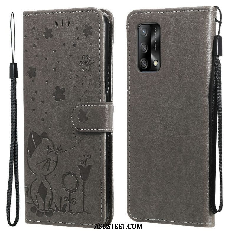 Flip Case Oppo A74 4G Suojaketju Kuori Kissa Ja Mehiläinen Kaulanauhalla