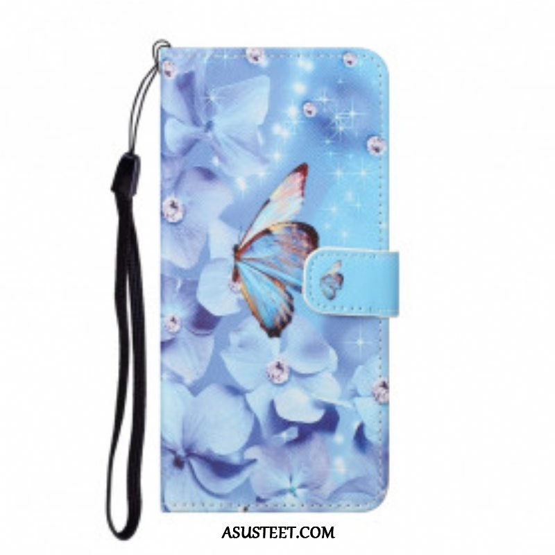 Flip Case Xiaomi Redmi Note 10 Pro Suojaketju Kuori Strappy Diamond Perhoset