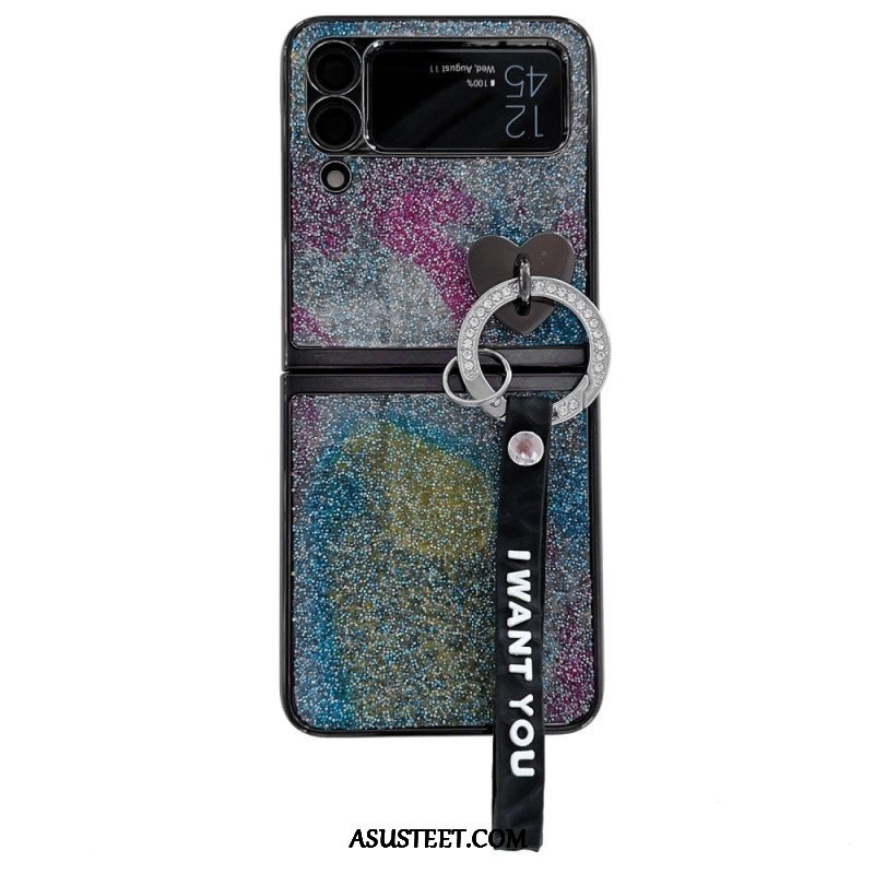 Kuori Samsung Galaxy Z Flip 3 5G Kotelot Flip Paljetteja Charms Ja Lanyard